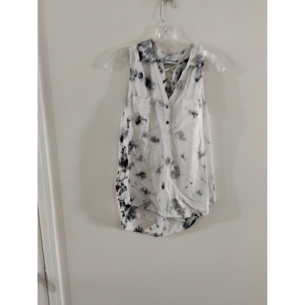 Rock & Republic Womens Sleeveless Tie Dye Lace Up Back Blouse White Black Medium
